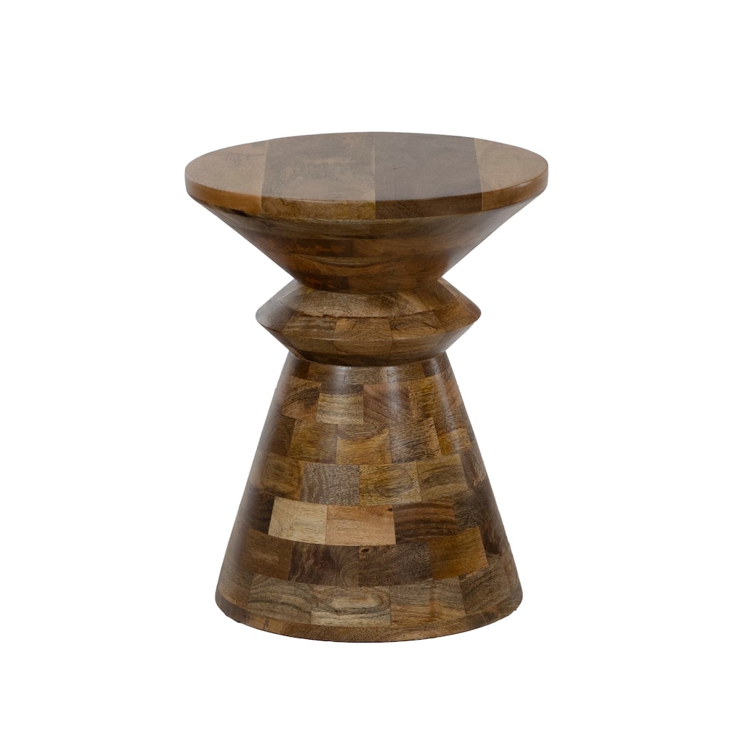 Handcrafted Round Mango Wood Side Table - Natural Finish, Patchwork Tile Design, Rustic Boho Accent Table