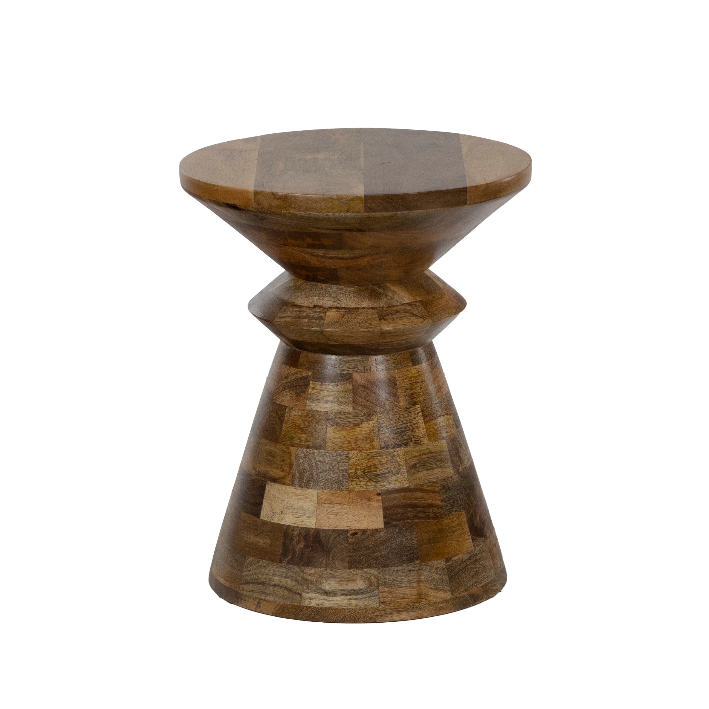 Handcrafted Round Mango Wood Side Table - Natural Finish, Patchwork Tile Design, Rustic Boho Accent Table