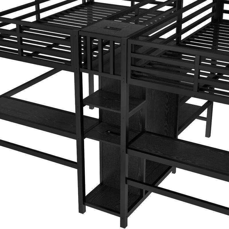Twin-over-Twin Metal Loft Bed with Double Desks, Wardrobe and Electrical Outlets