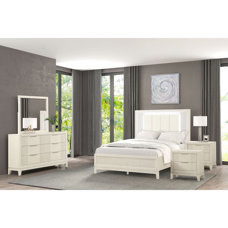 Furniture of America Irwin 5-Piece Antique White Wood Panel Bedroom Set with LED Headboard - King