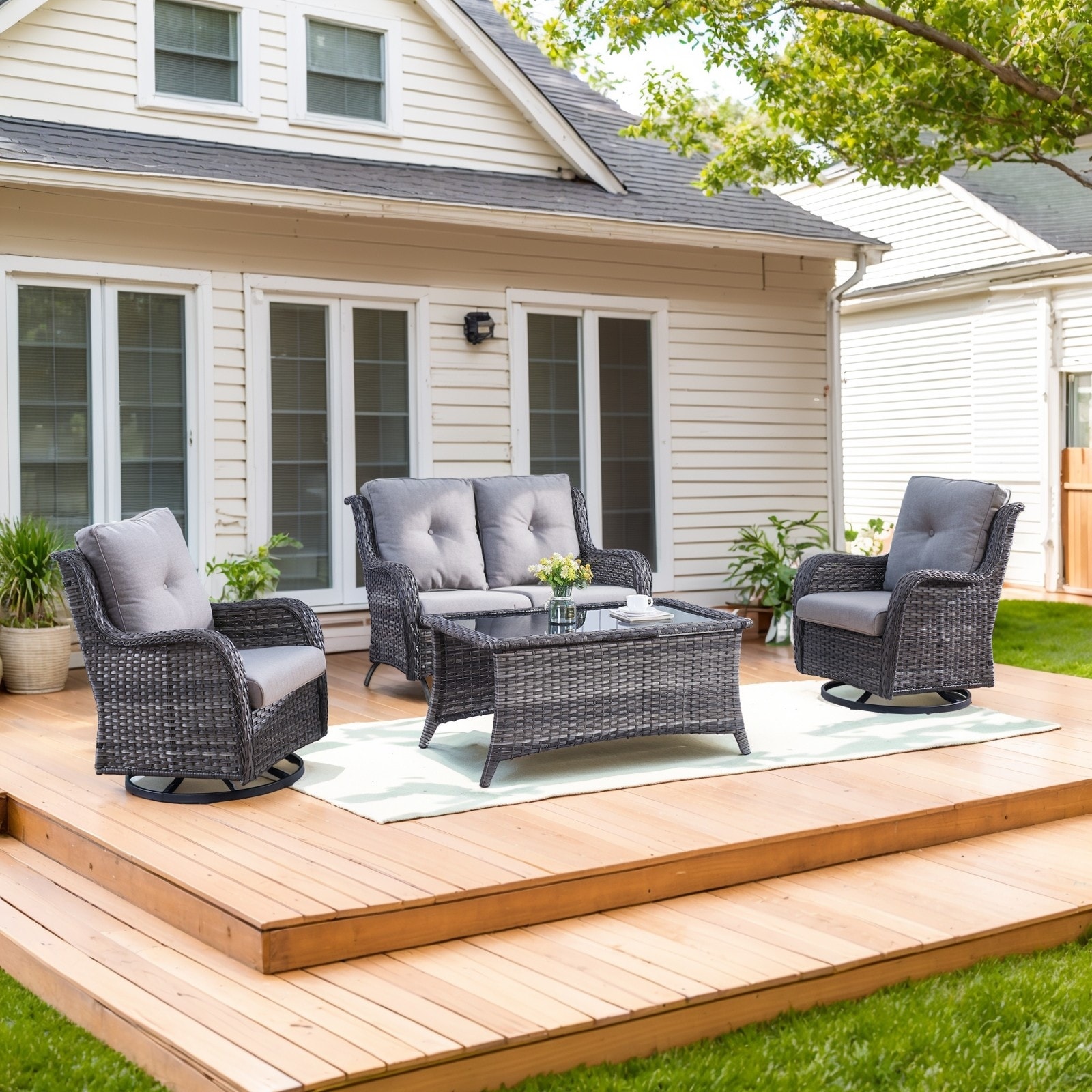 Patio Wicker Loveseat Sofa and Swivel Chair with Table - Grey cushion