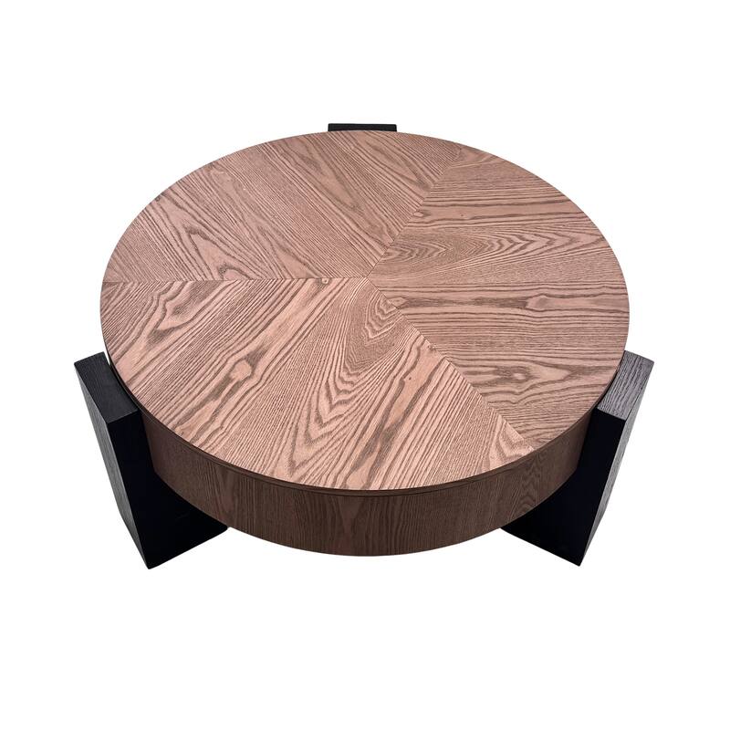 33" Round Coffee Table with Hidden Storage, Parquet Veneer Top Table, 3 Block Legs Sturdy Center Accent Table for Living Room