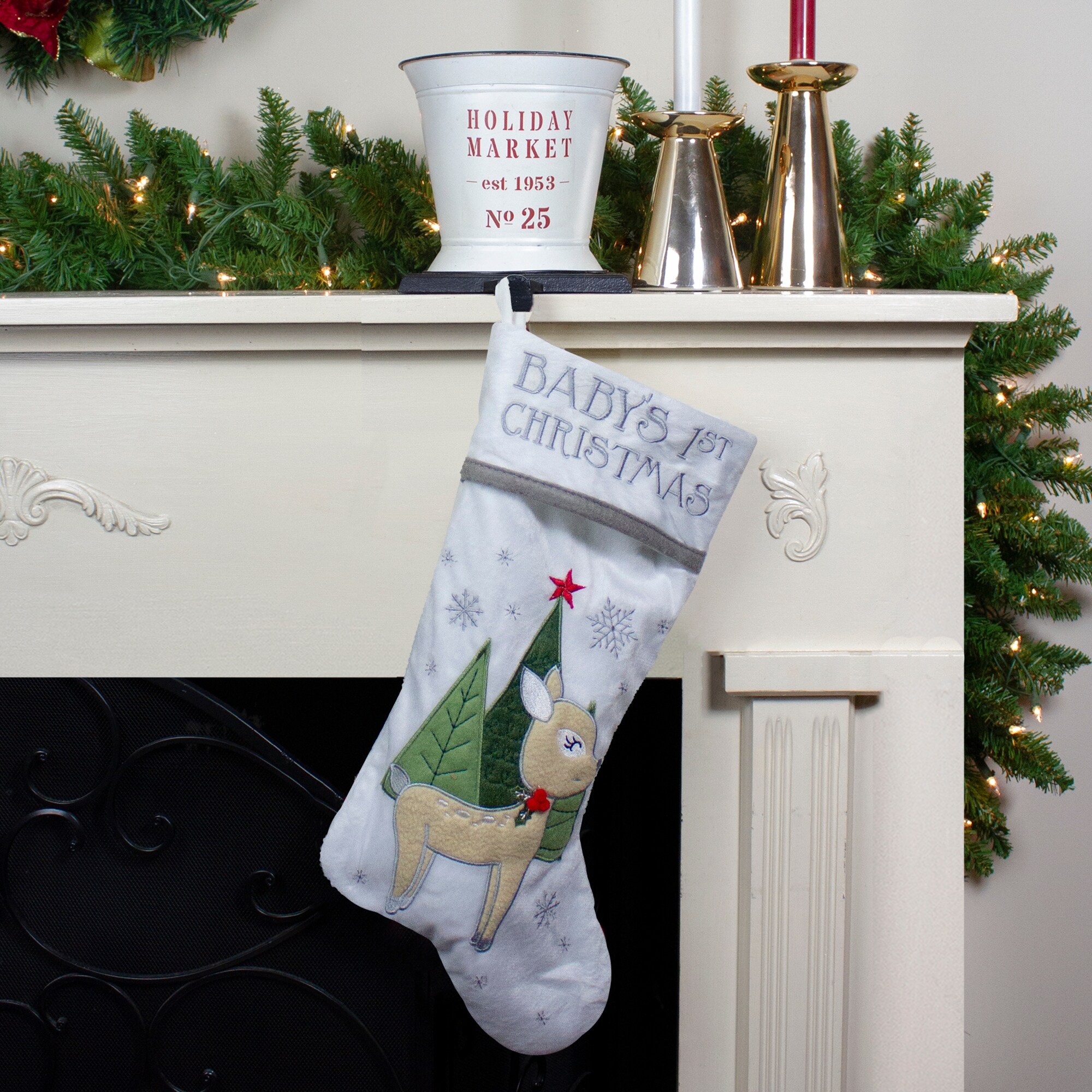 Shop 20 White Baby S First Christmas Stocking With Baby Deer And
