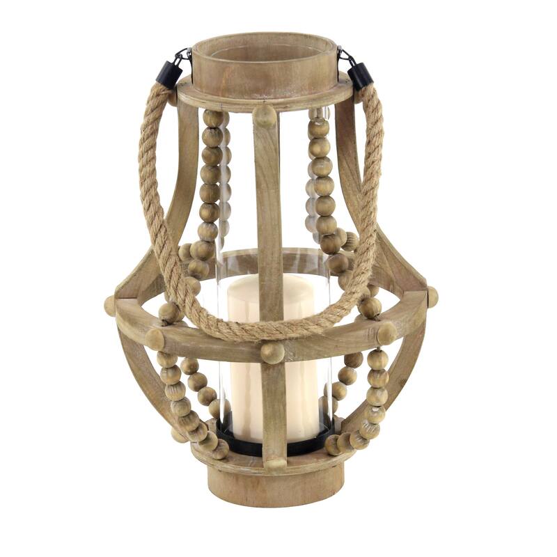 Reclaimed Wood Beaded Decorative Indoor Outdoor Candle Lantern - Beige - Roche River Decor - Beige