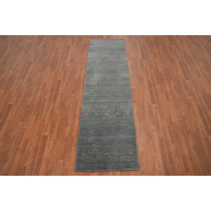 Hand Knotted Oriental 100% Wool Carpet Tribal Animal Pictorial Greys & Charcoal Gabbeh Runner Rug - 8' 7'' X 2' 5''