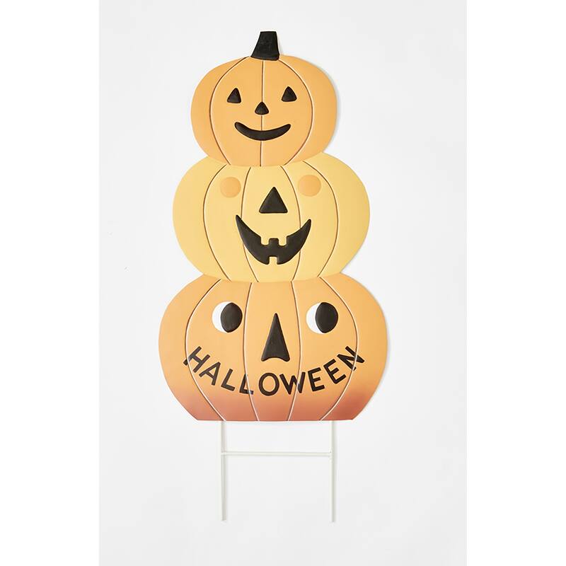 31" Fall Halloween Metal Triple Pumpkin Jack-o'-lantern Yard Stake