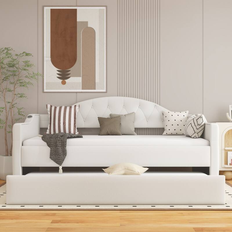 Tufted Upholstered Sofa Bed with Tray - Beige