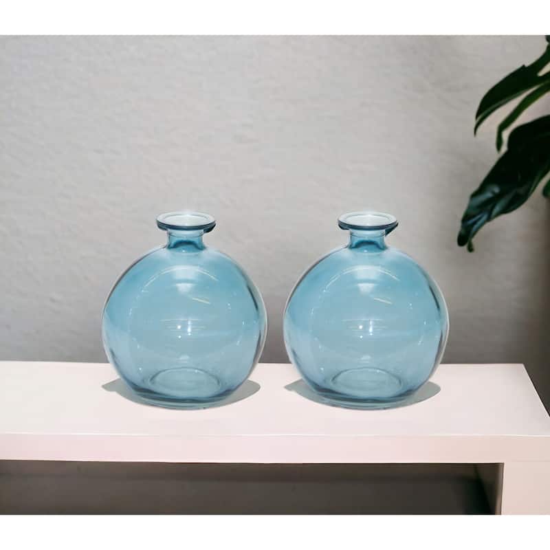 HomeRoots Set of Two 6" Blue Glass Round Table Vases - 4.75