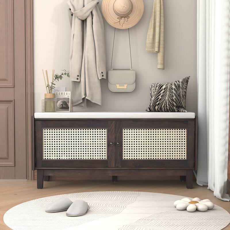 Rattan Entryway Bench with Storage, Cushioned Shoe Bench with Double Doors