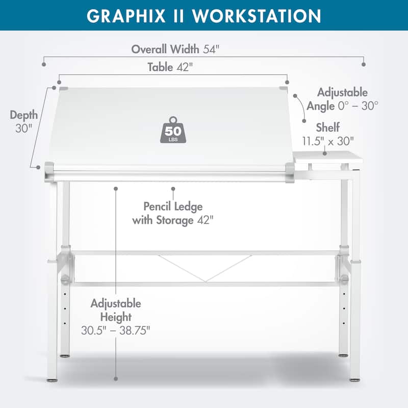 Studio Designs Graphix II White Drafting Drawing Work Station Table with Adjustable Top