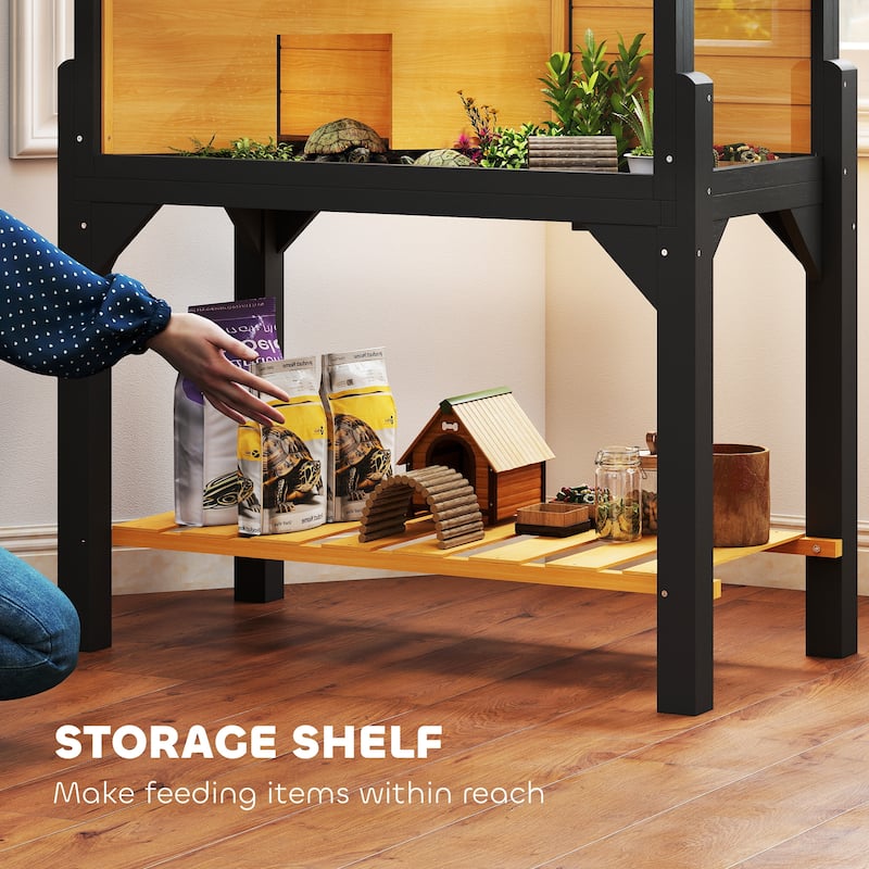 PawHut Tortoise Habitat with Storage Shelf, Wooden Tortoise Enclosure with Clear Windows, Lamp Holder, Openable Top