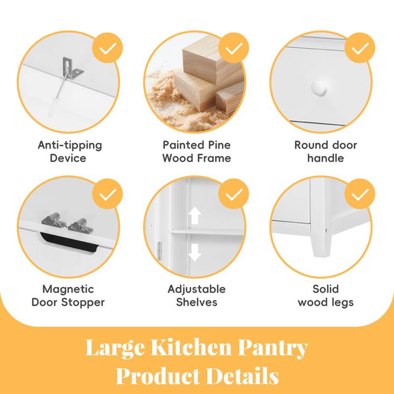 Freestanding Large Kitchen Pantry Wooden Kitchen Storage Cabinet Cupboard with 8 Door Shelves, - White
