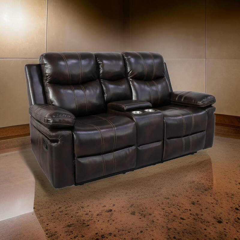 Linden 69 Inch Loveseat with Dual Recliners, Console, Brown Faux Leather
