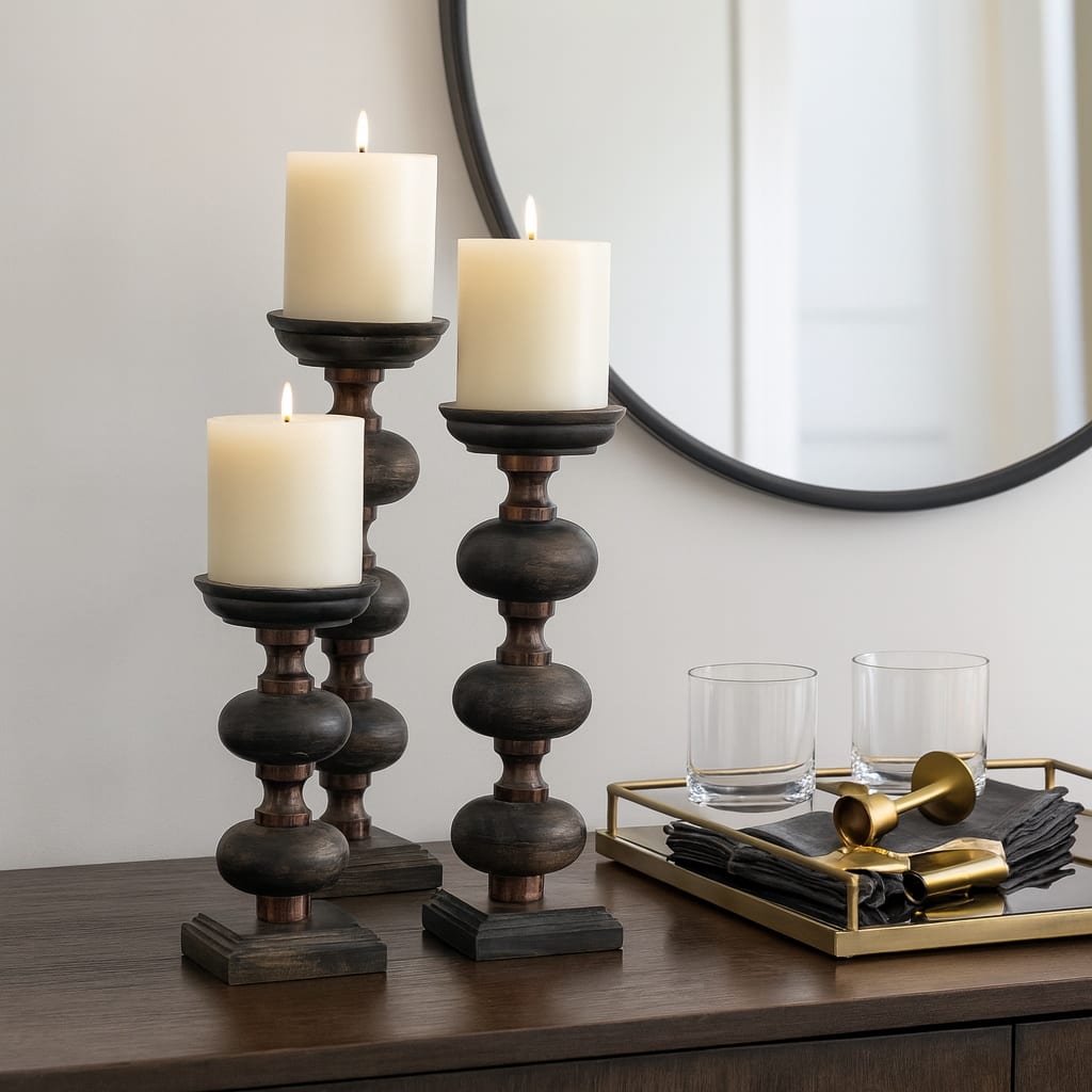 Mango Wood Candle Sticks Set of 3 - Black, 14" - 19"