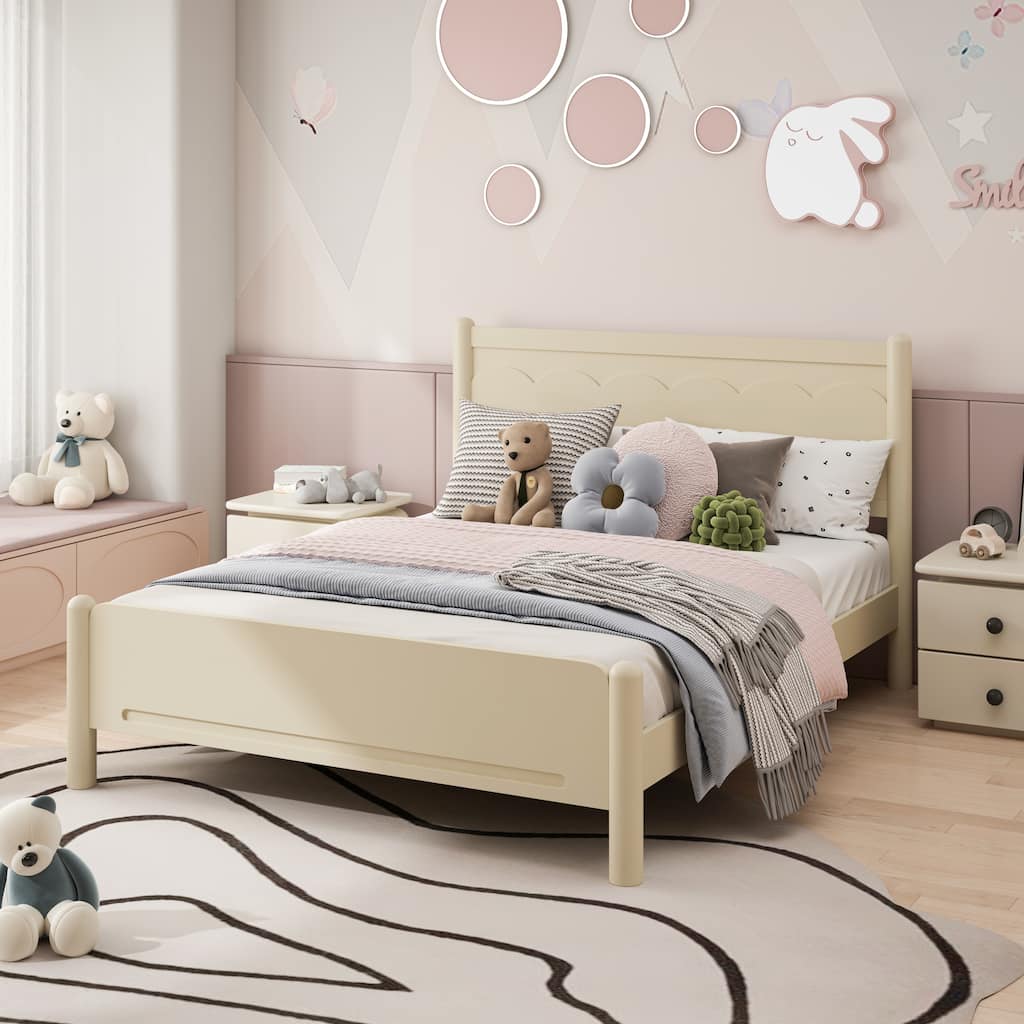 Wooden Platform Bed with Headboard, Solid Pine Kids Bed Frame, Wood Slat Support