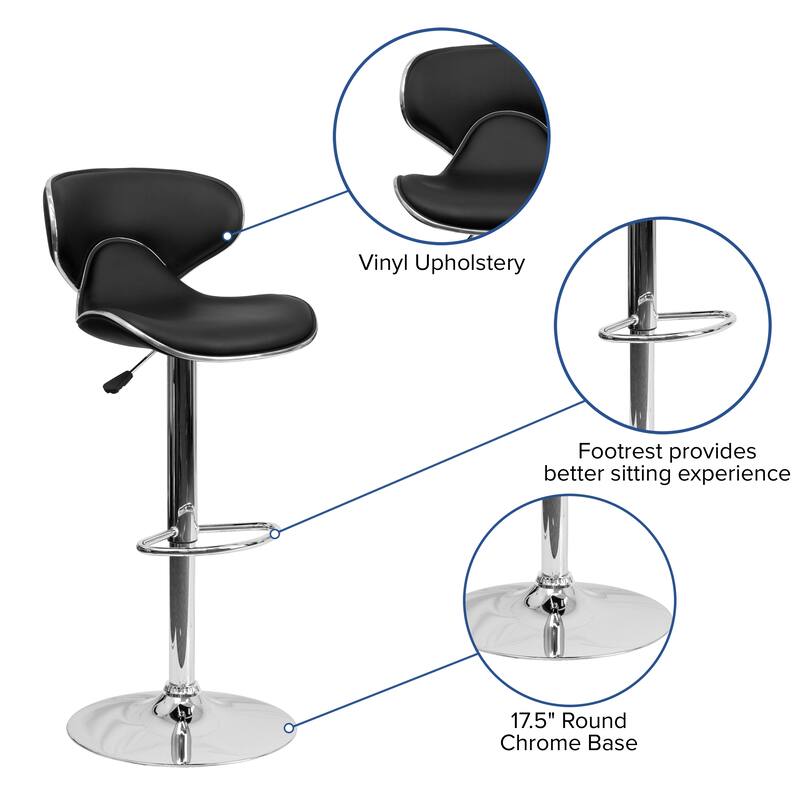 2 Pack Contemporary Mid-Back Vinyl Adjustable Height Barstool with Chrome Base - 16"W x 17.5"D x 34.5" - 43"H