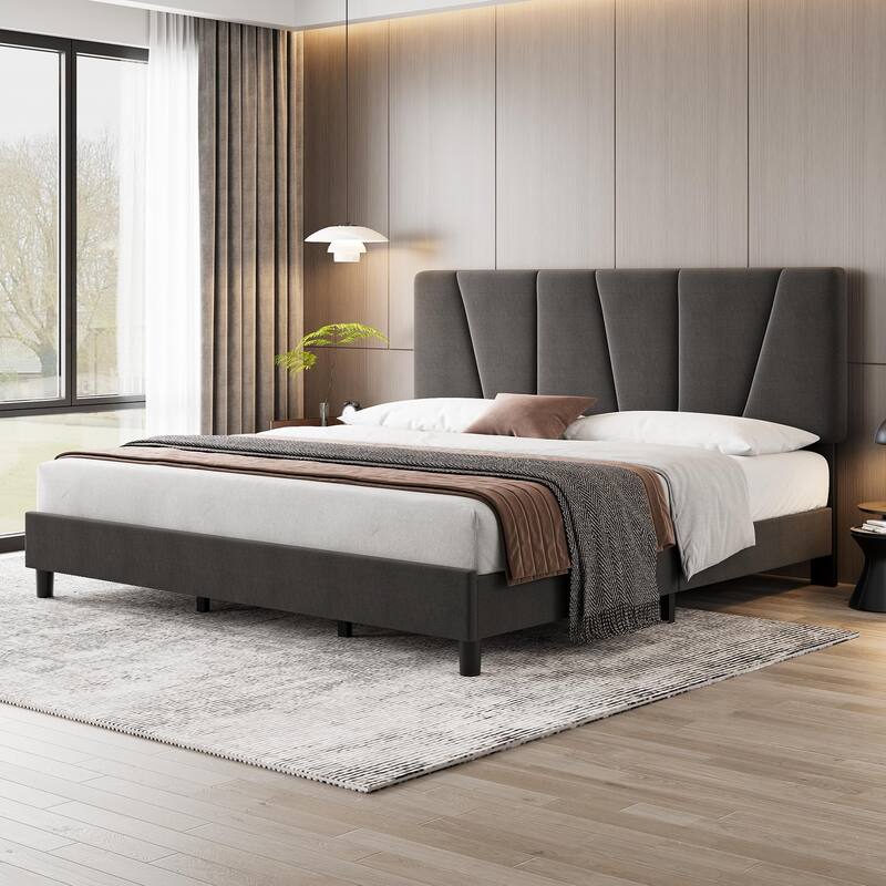 Grey Velvet Upholstered Platform Bed Frame with Wooden Slats