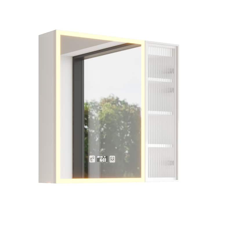 White MDF Bathroom Wall Cabinet with Glass Doors, LED, USB and Shelves - 28.2” L x 6.3” W x 27.6” H