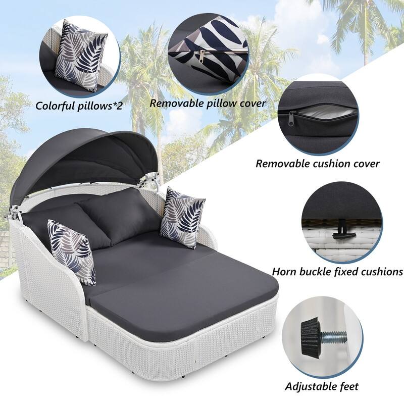 Outdoor PE Rattan Daybed Sunbed w/Adjustable Canopy, Double lounge