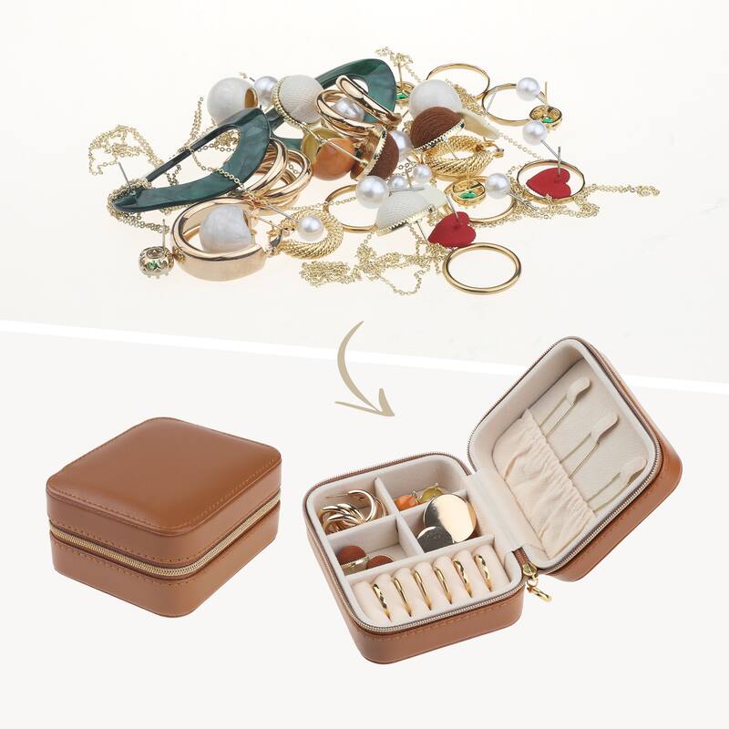 Travel Jewelry Box for Women's Birthday Gifts, Small Portable PU Leather Jewelry Organizer Case Storage Display Holder - Brown
