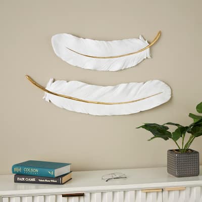 White Resin Feather Bird Home Wall Decor with Gold Foil Accent (Set of 2)