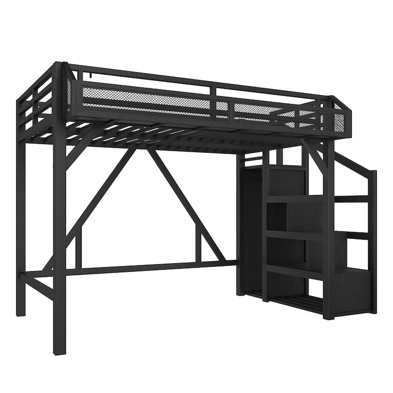 Twin XL/Twin Metal Loft Bed with Storage Stairs, Wardrobe, USB Ports & LED Lights