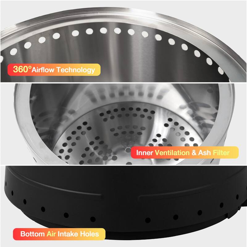 19.5" Smokeless Fire Pit, Portable Stainless Steel for Outdoor, Camping, with Ash Tray, Handles, and Weatherproof Cover