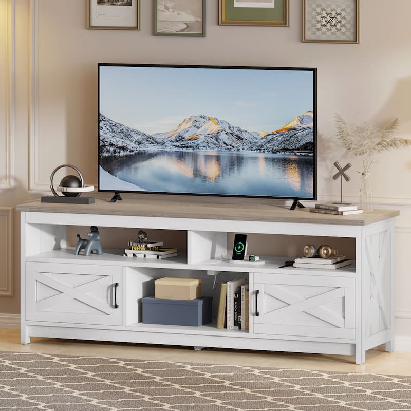 Farmhouse TV Stand for up to 65" TV with Doors and Open Shelves Media Console Power Outlet - 65 inches in width - Grey Wash/White