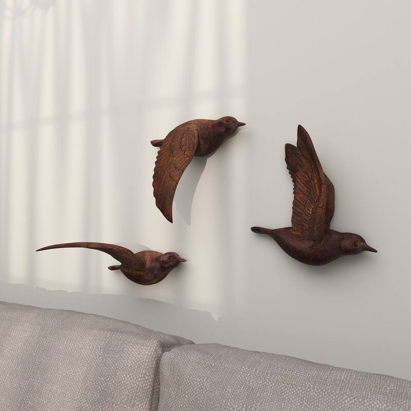 Polystone Weathered 3D Floating Bird Wall Decor (Set of 3) - Dark Brown, Gold, Silver