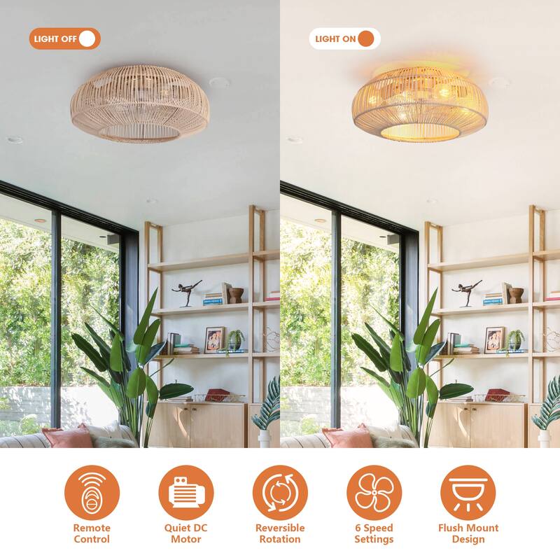20-in Coastal Weave Rattan Gold Flush Mount Caged Ceiling Fan with Remote