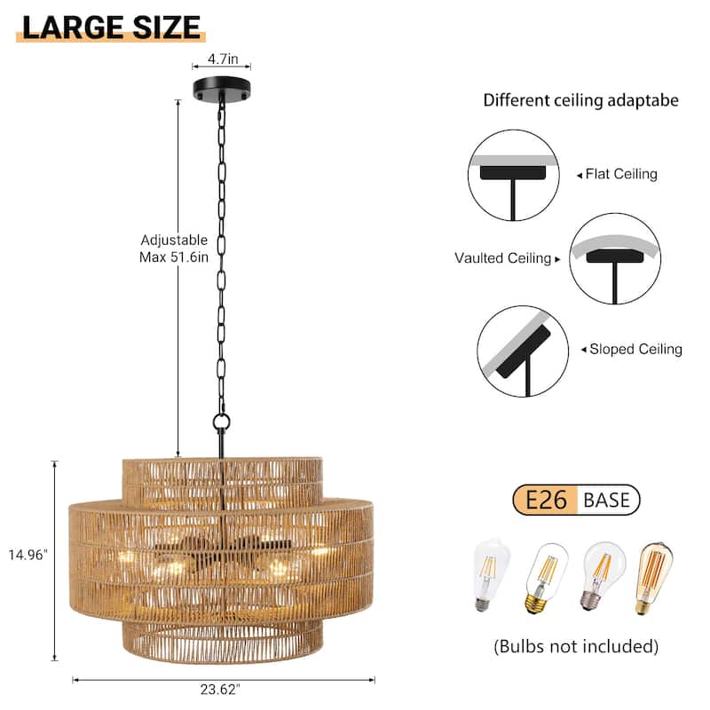 4/6-Light Boho 3-Tier Hand Woven Rattan Drum Chandelier