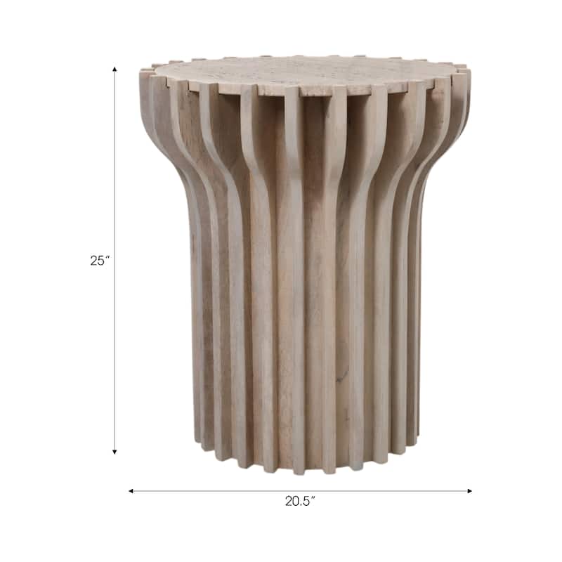 Decorative Travertine Accent Table with Wodden Carved Base- 25", White