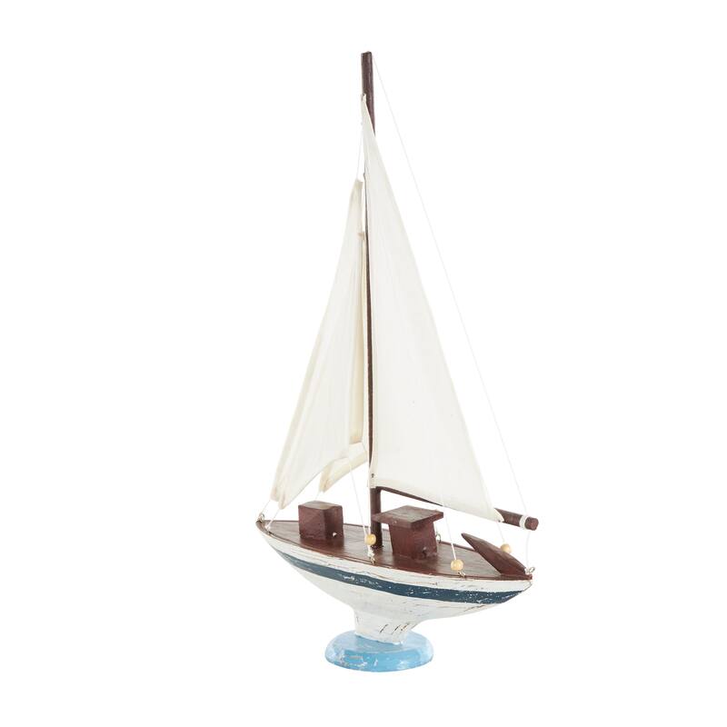 White Wood Distressed Sail Boat Decorative Sculpture with Brown Wood and Beaded Accents