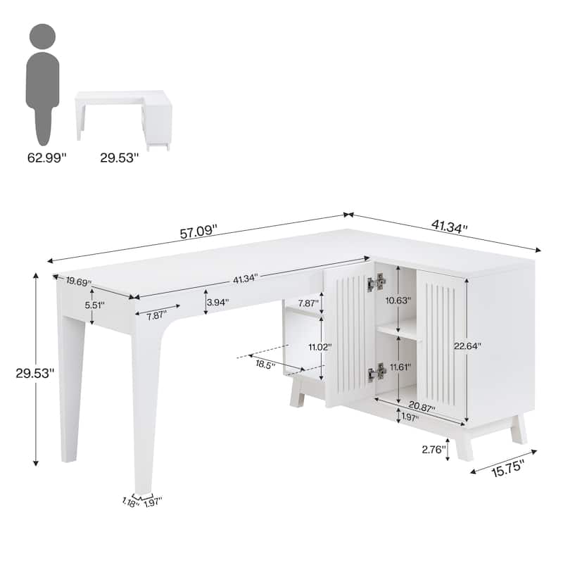 57'' Wood L-Shaped Corner Computer Desk Writing Table with Cabinet