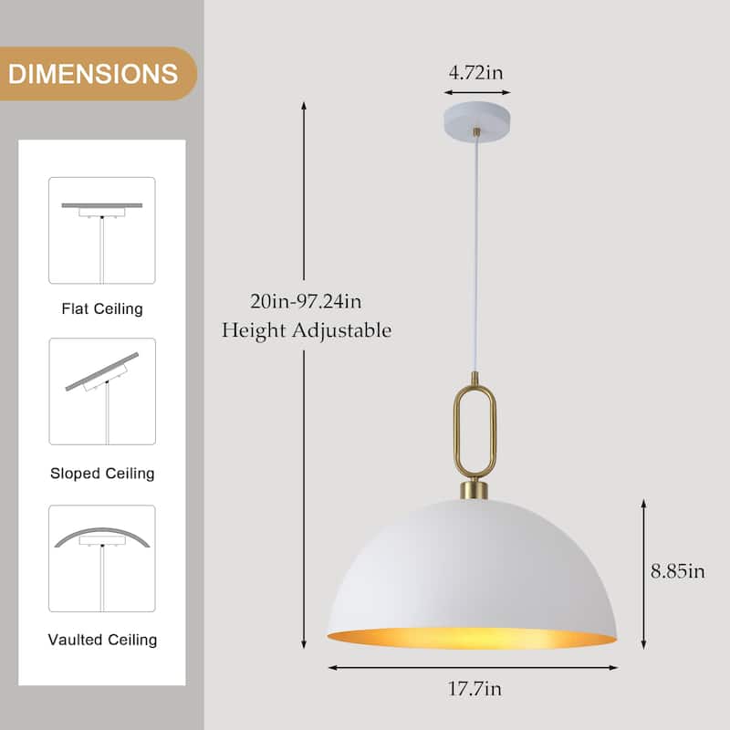 1-Light Industrial Metal Dome Pendant with Golden Ring Accent