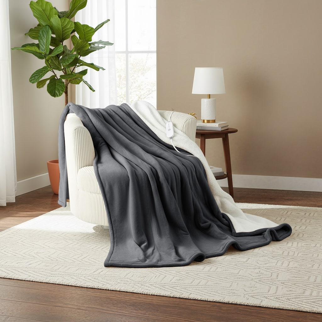 Reversible Flannel and Sherpa Electric Heated Blanket with Adjustable Heat and Auto Shut-Off