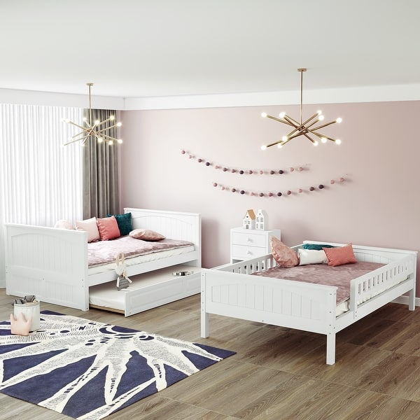 slide 2 of 13, White Full Over Full Pine Wood Bunk Bed with Twin Trundle, Guardrails White - Full