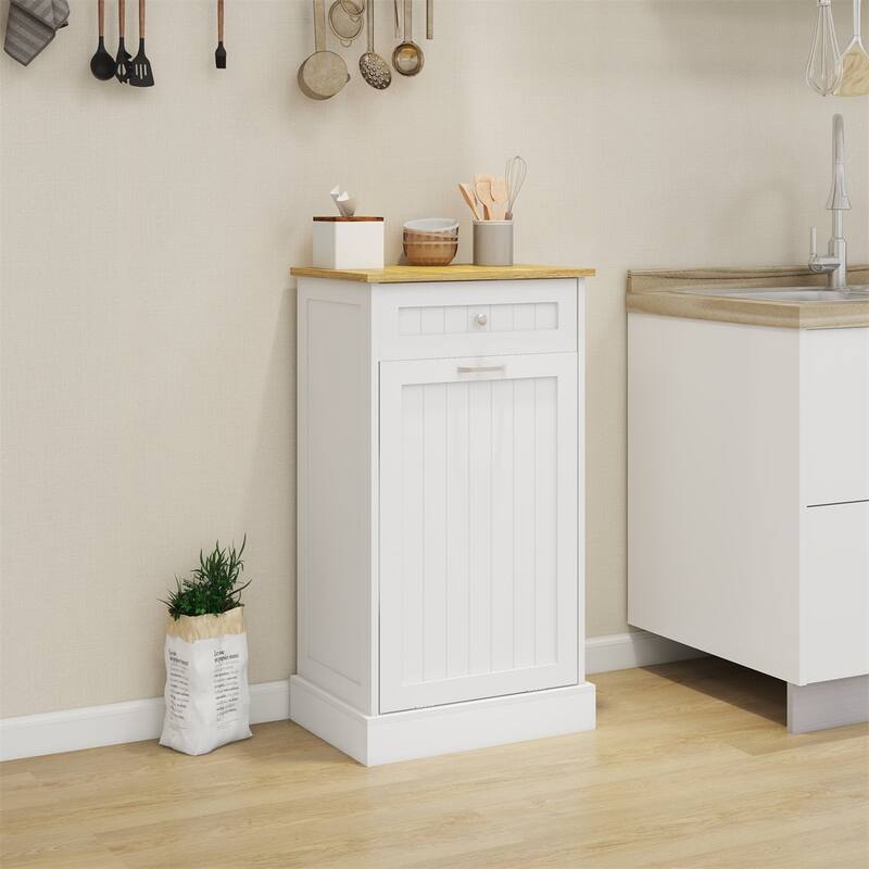 Freestanding Kitchen Trash Cabinet, Modern Wood 20-Inch Tilt-Out Trash Cabinet with Storage Drawer - White