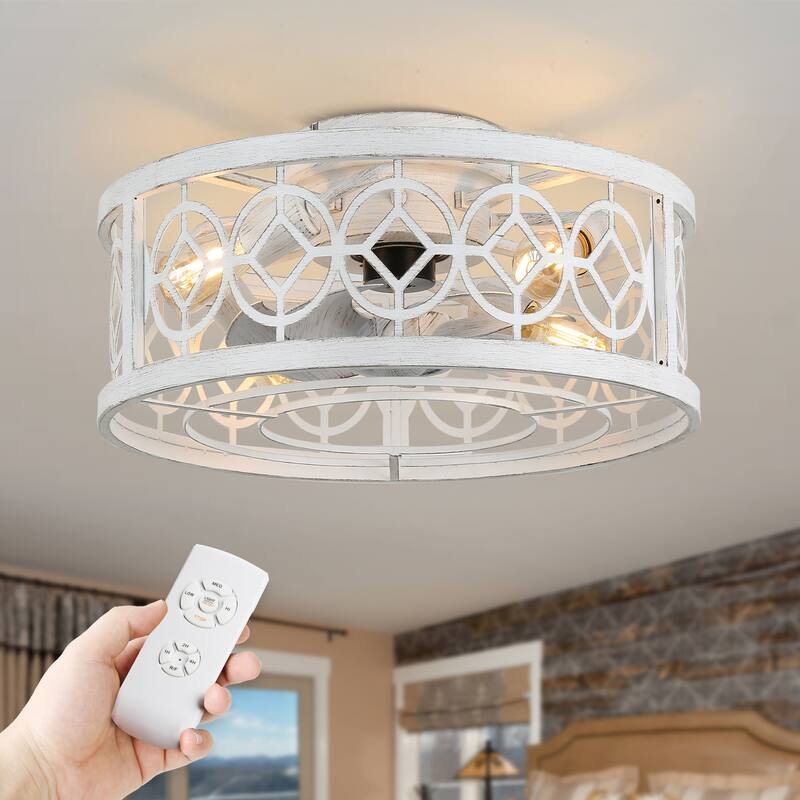Cusp Barn 20 Inch Distressed White Ceiling Fan, Low Profile 6-Light Light Fixture, Caged Bladeless Flush Mount Fans for Bedroom