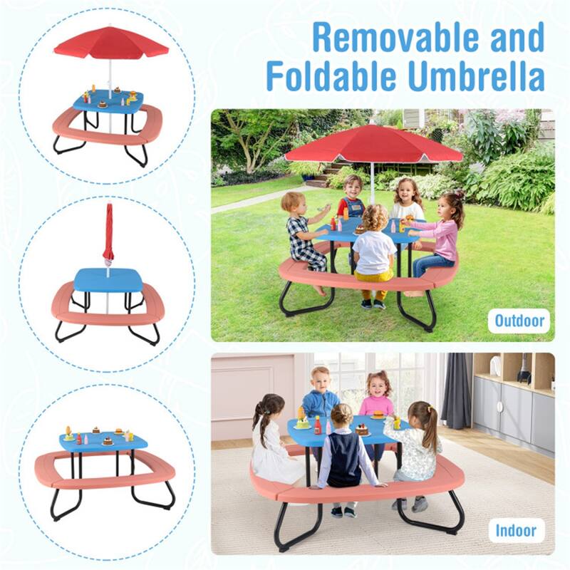Kids Outdoor Picnic Table with Adjustable Umbrella and Benches Metal Frame and Weather-Resistant Surface - 49" × 49" × 39"-63"