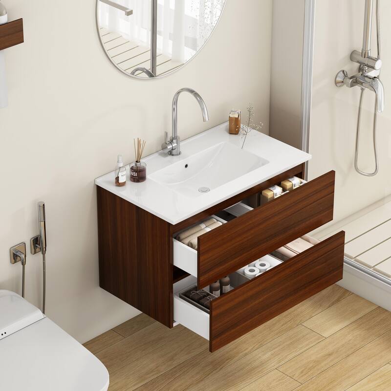 Wall-Mounted Walnut Bathroom Vanity with Double Drawers, Integrated Ceramic Sink, 32 Inch - 32 Inch