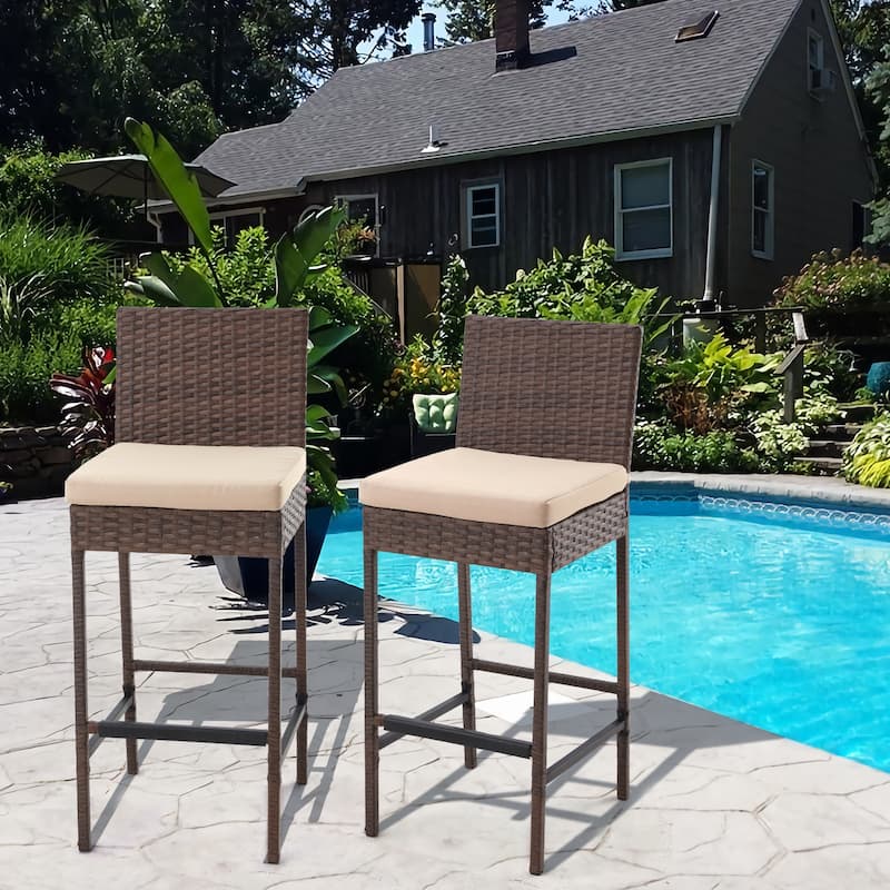 AVAWING Set of 2 Patio Wicker Barstools Rattan Bar Height Chairs - Brown