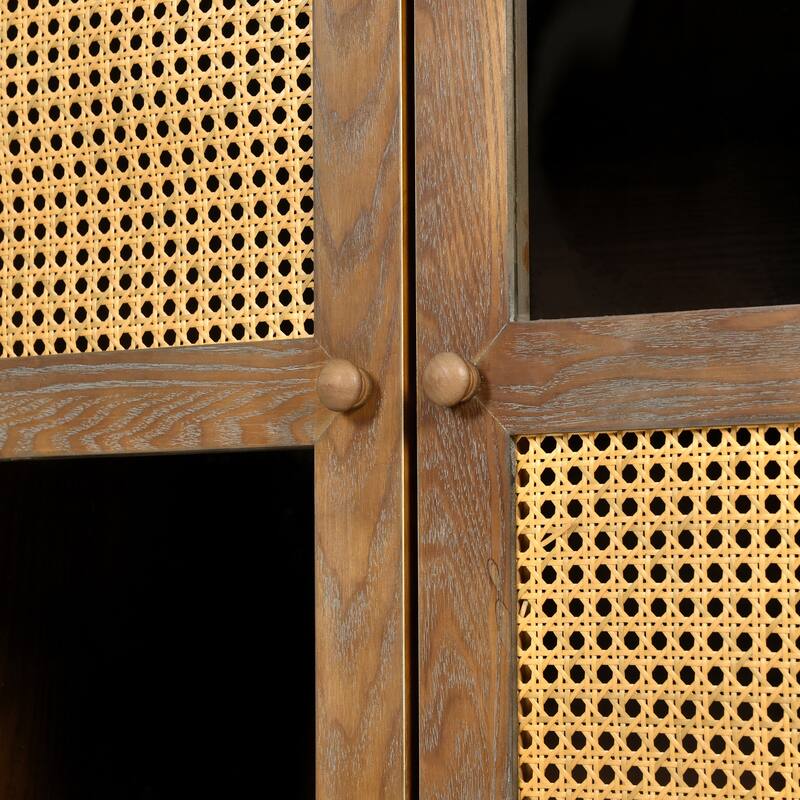 4-Door Sideboard with Large Storage Space Artificial Rattan Doors and Transparent Glass, for Dining Room Living Room