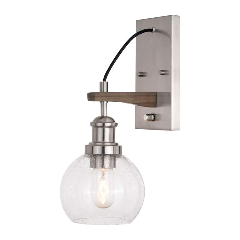 Wall Sconce Reading Light - Plug In Sconce with Wood Accent & Seeded Glass Globe - Satin Nickel Finish - 15.5