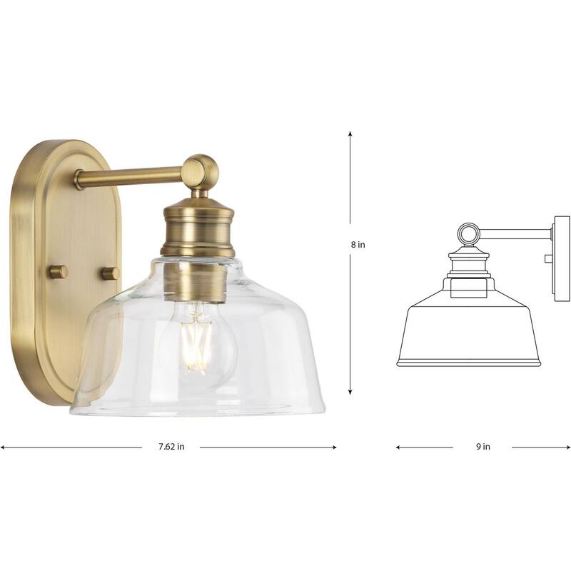 Singleton Collection 1-Light 7.62 in. Vintage Brass Vanity Light with Clear Glass Shade - Small