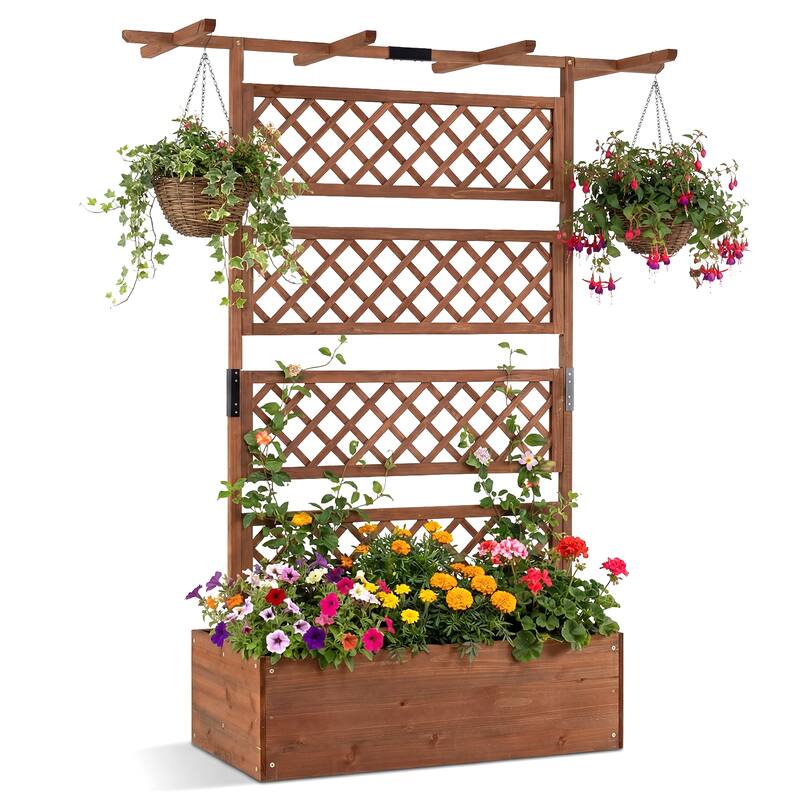 Gymax 72'' Wooden Planter Box w/Lattice Trellis Flat Roof Drainage for - Brown