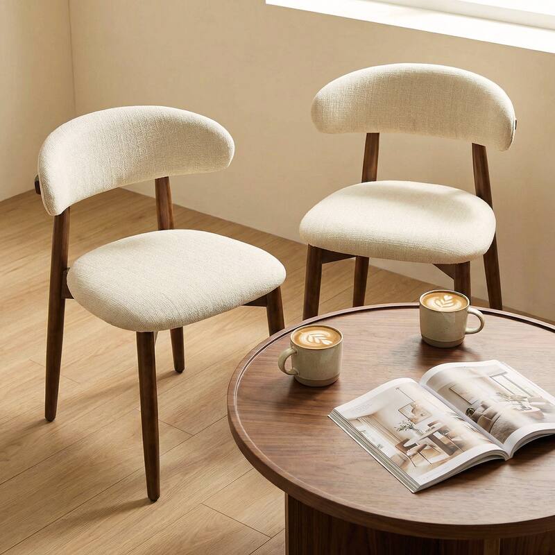 Wooden Dining Chairs Set of 2, Modern Fabric Upholstered Dining Room Chair with Curved Back, with Adjustable Foot Pads