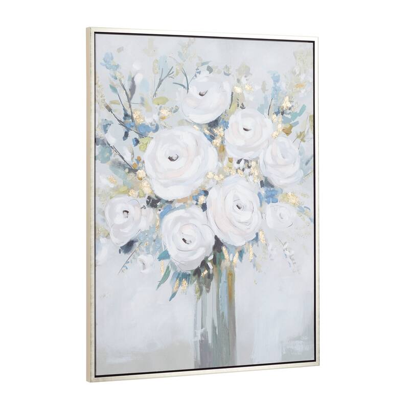 White Canvas Bouquet Floral Framed Wall Art with Silver Frame