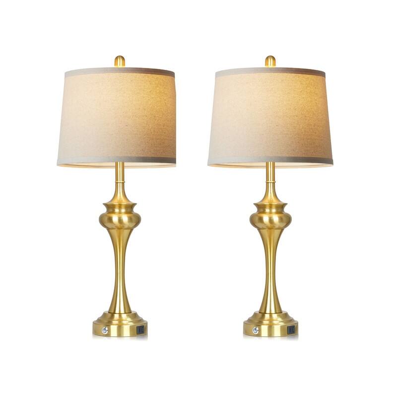 30'' Modern Table Lamps with USB & Type-C Ports, Oatmeal Fabric Shade & Metal Base (Set of 2)