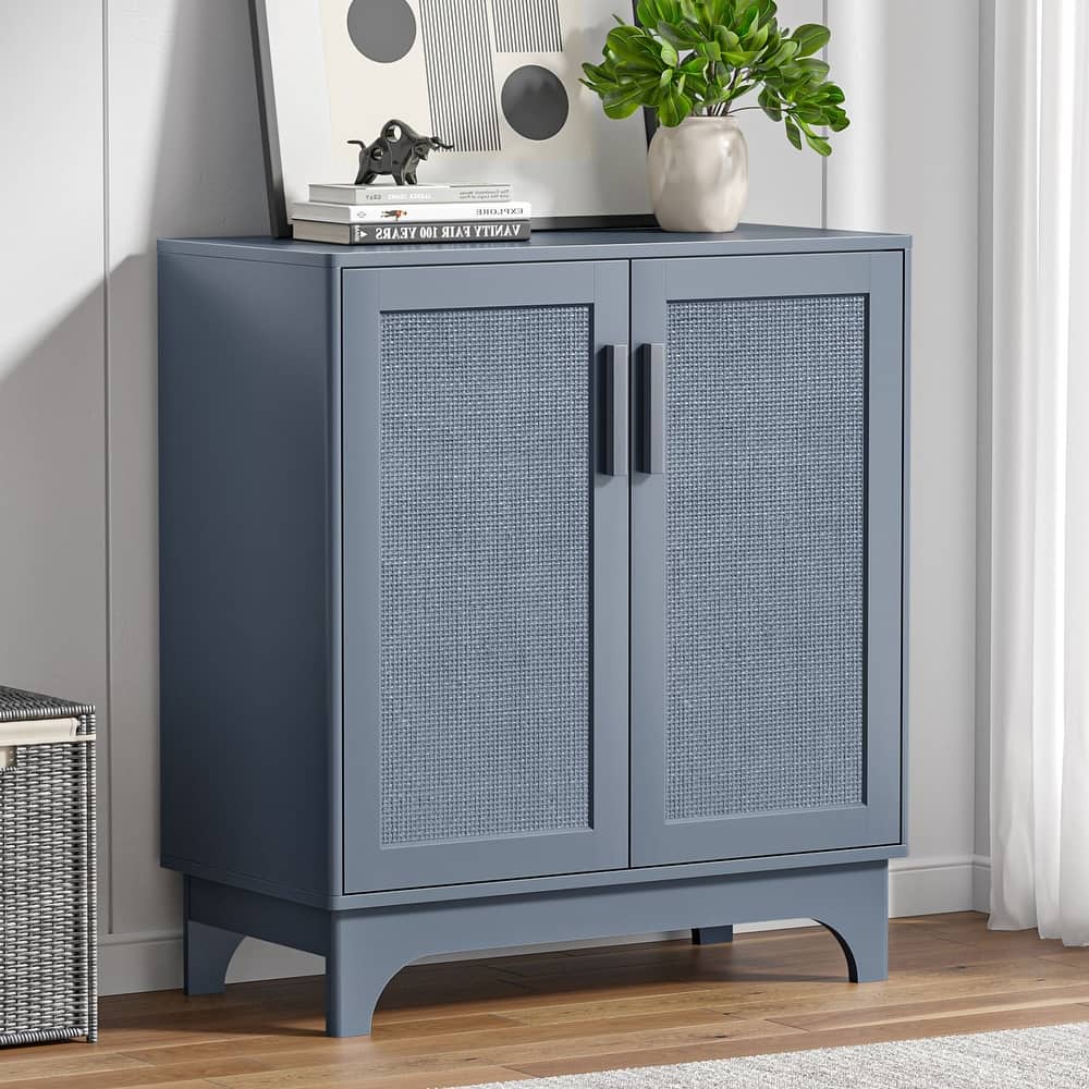 Anmytek Modern 2-Door Black Buffets Sideboards Rattan Multipurpose Home Storage Cabinet with Adjustable Shelf